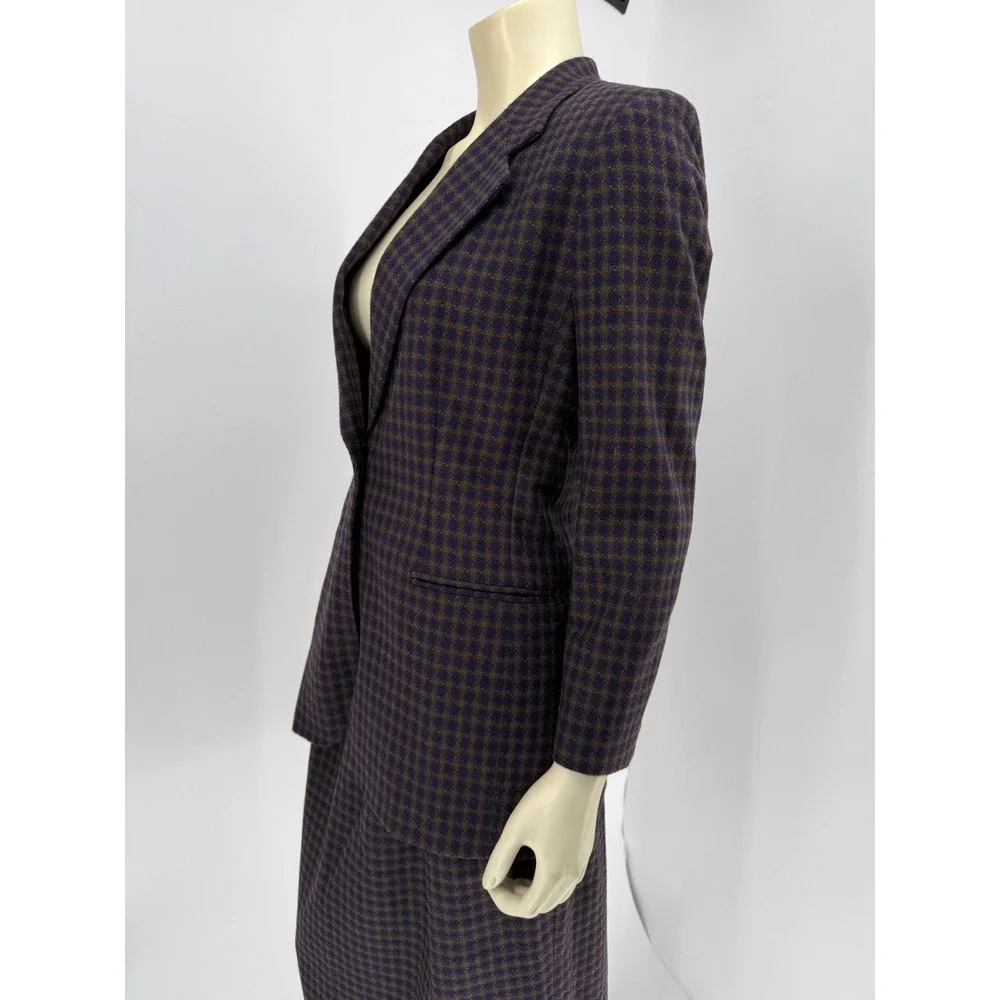 Leslie Faye Sportswear Vintage‎ Wool Blend Skirt Suit Purple Check 8 Petite